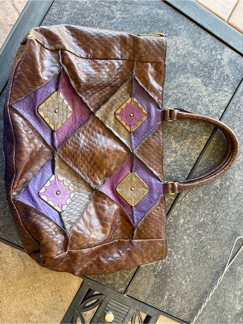 Jessica Simpson Brown Leather Satchel with Purple and Tan Patchwork